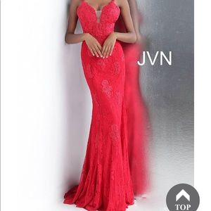 Jovani Red Fitted Plunging Neckline Lace Prom Dress